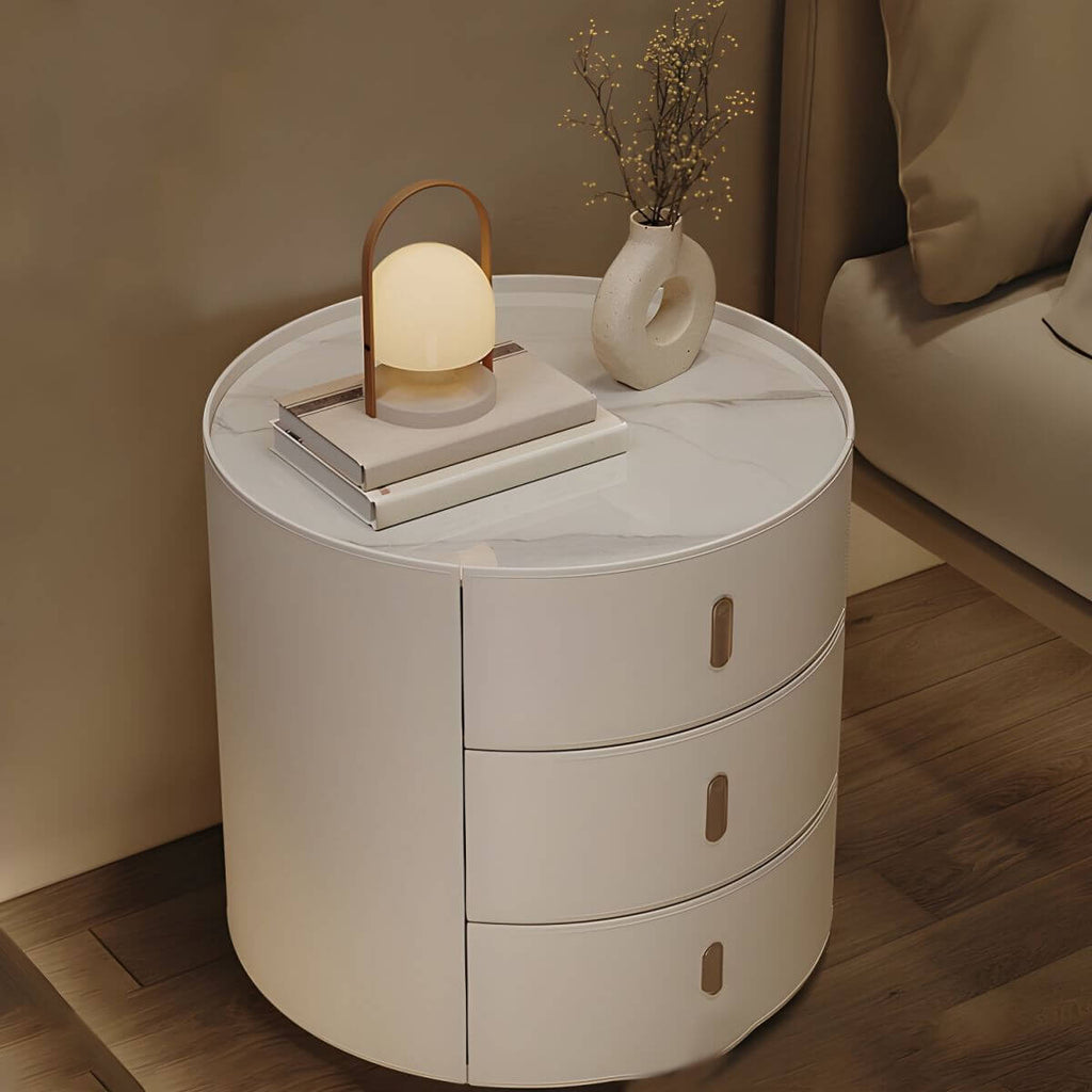 Modern Round Nightstand with Stone Top and Three Drawers Main Product Image