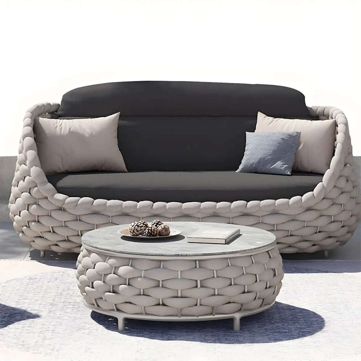 Modern Round Stone Top Coffee Table with Metal Frame