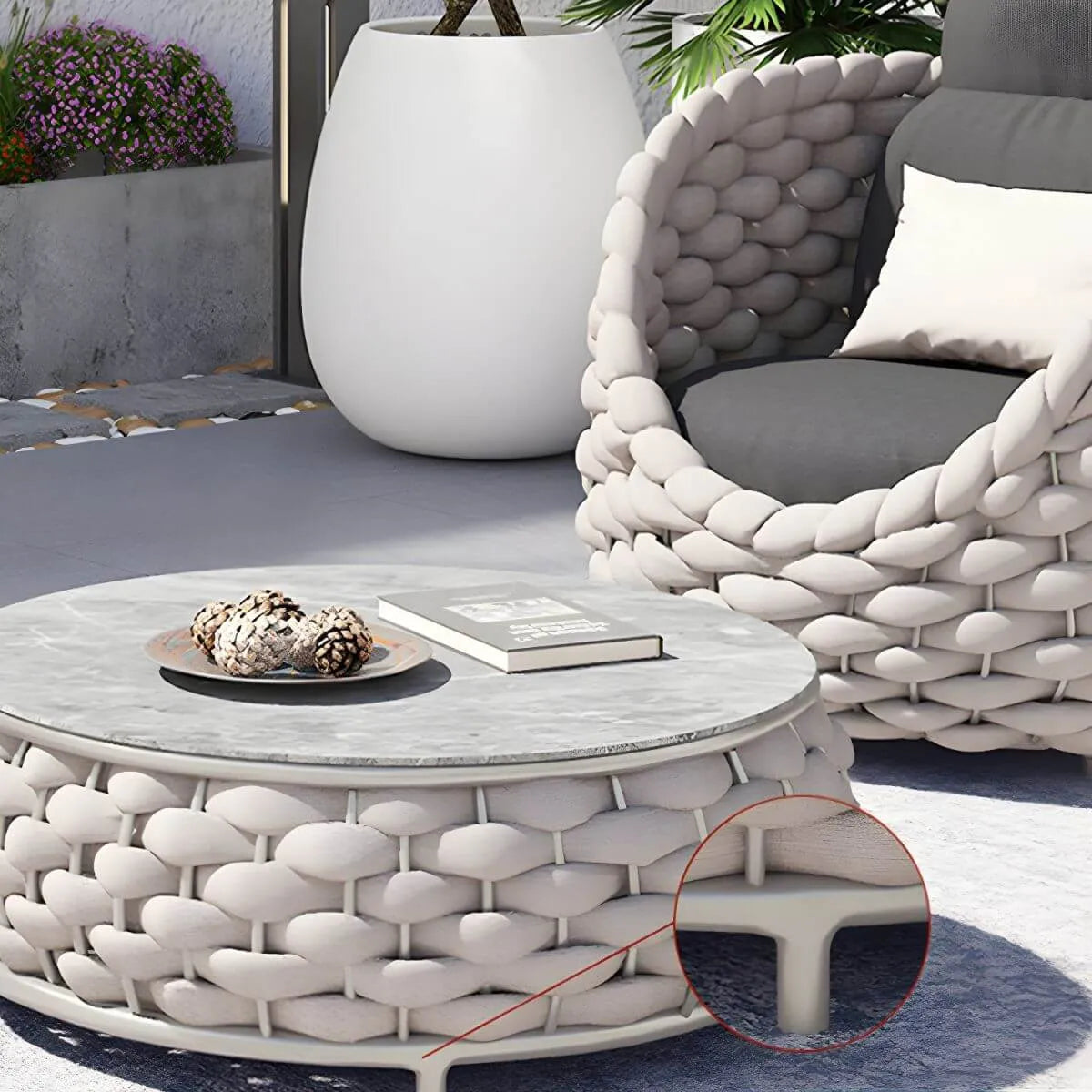 Modern Round Stone Top Coffee Table with Metal Frame