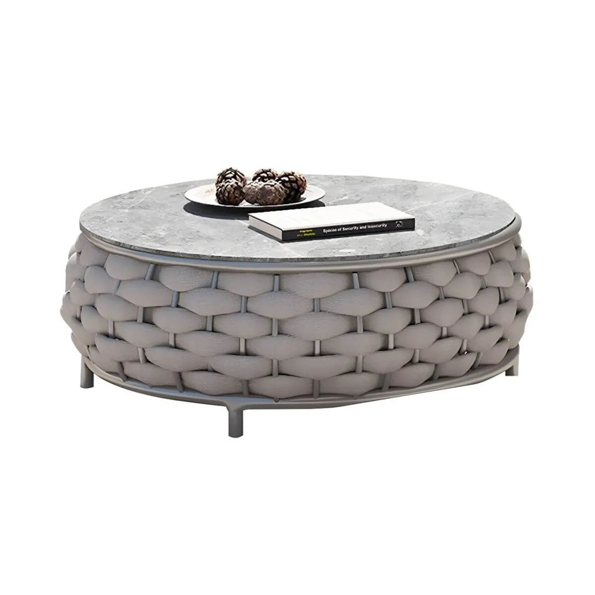 Modern Round Stone Top Coffee Table with Metal Frame