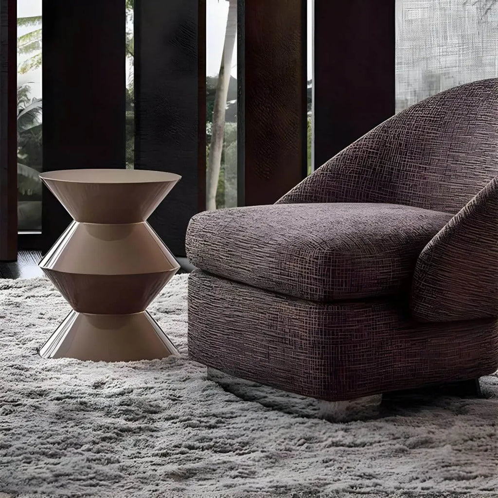 Modern Round Tile Top Pedestal Side Table with Sculptural Stone Base