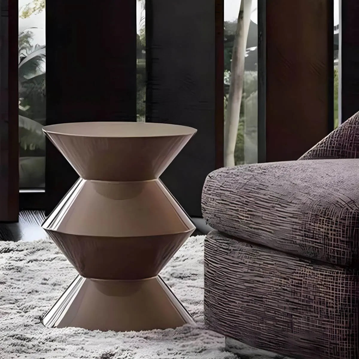Modern Round Tile Top Pedestal Side Table with Sculptural Stone Base