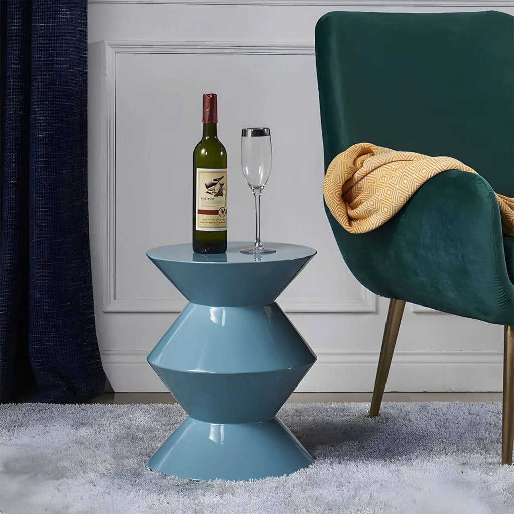 Modern Round Tile Top Pedestal Side Table with Sculptural Stone Base