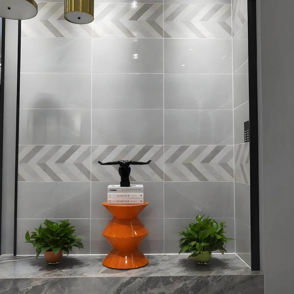 Modern Round Tile Top Pedestal Side Table with Sculptural Stone Base