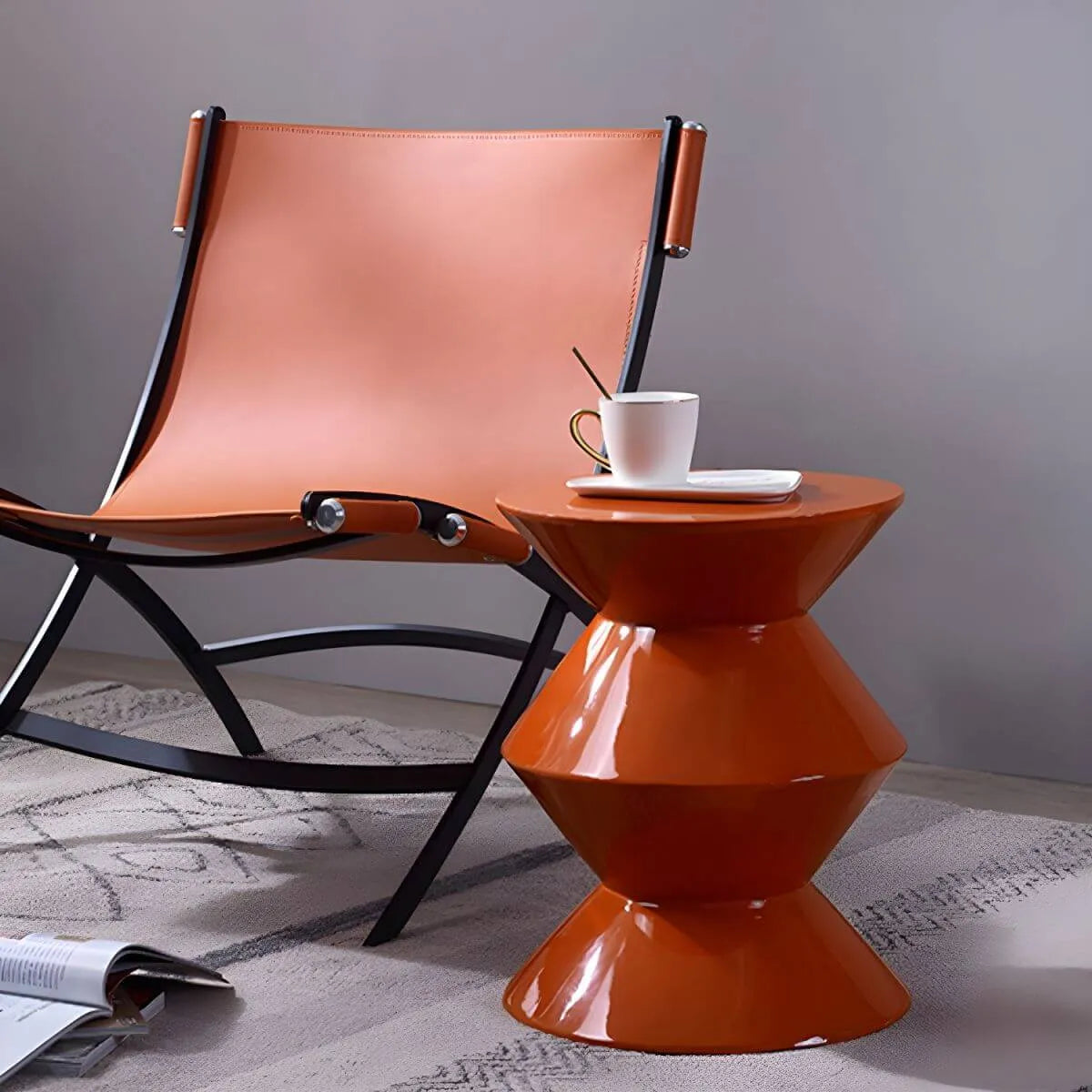 Modern Round Tile Top Pedestal Side Table with Sculptural Stone Base