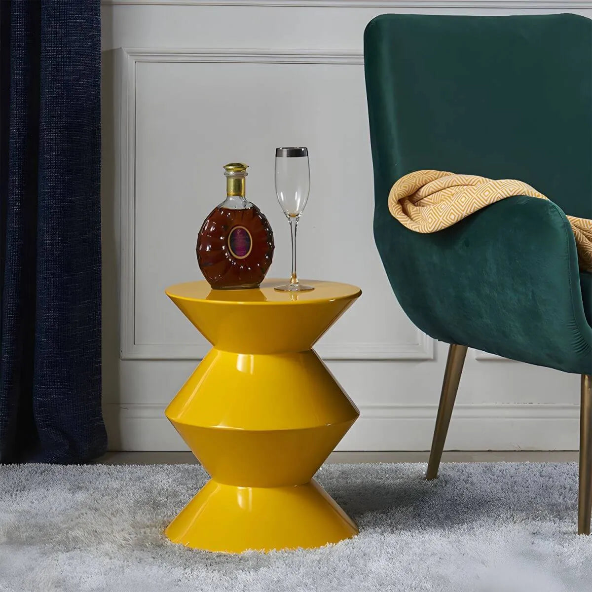 Modern Round Tile Top Pedestal Side Table with Sculptural Stone Base