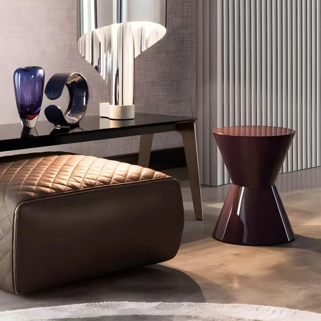 Modern Round Tile Top Pedestal Side Table with Sculptural Stone Base