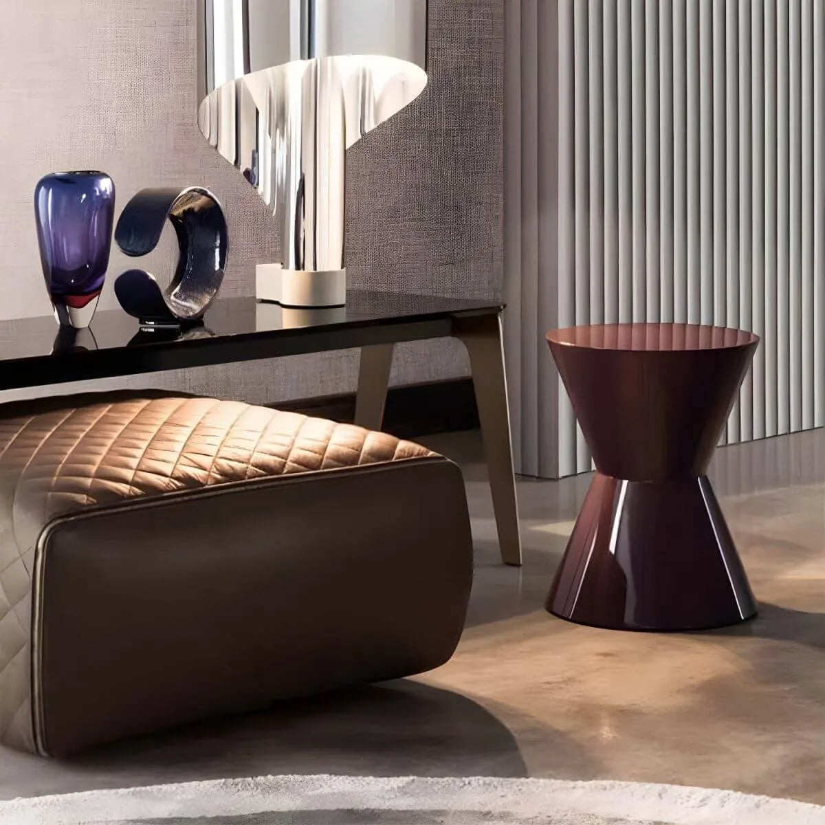 Modern Round Tile Top Pedestal Side Table with Sculptural Stone Base