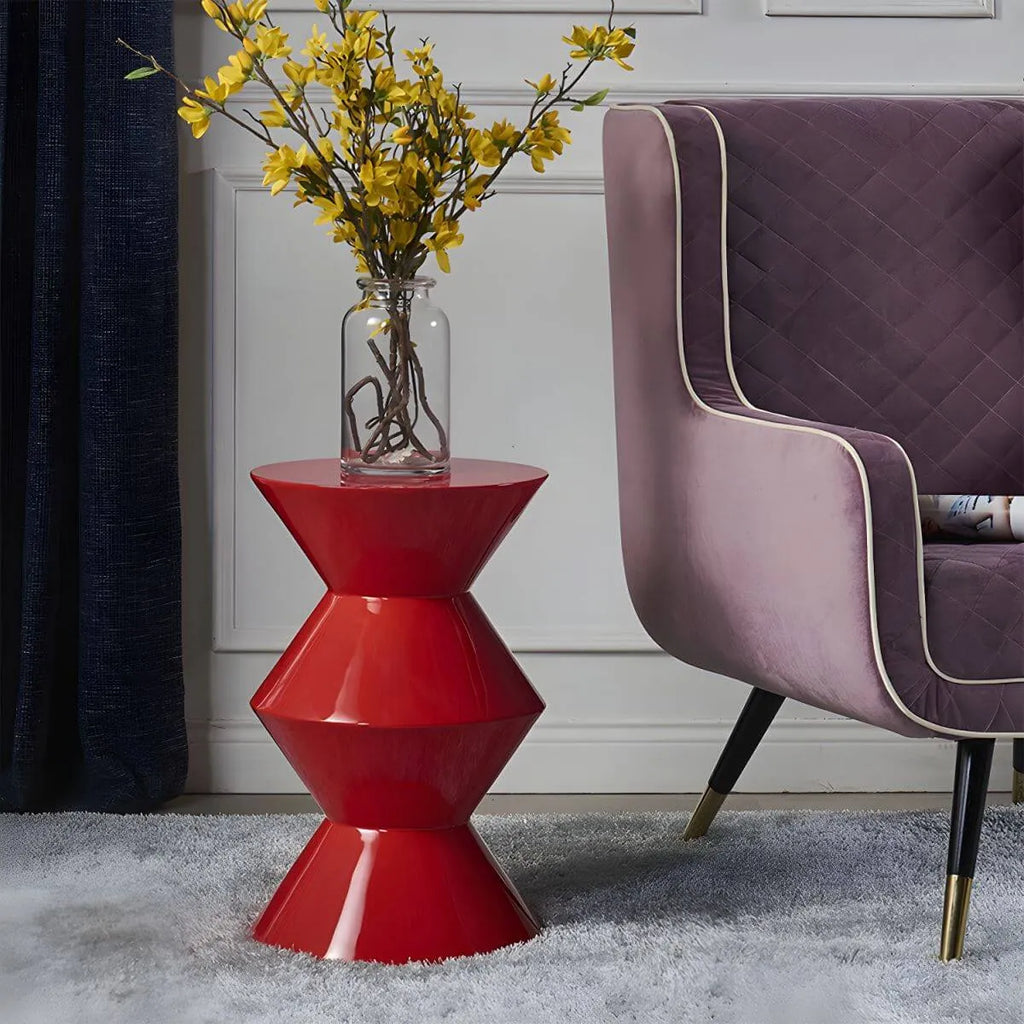 Modern Round Tile Top Pedestal Side Table with Sculptural Stone Base