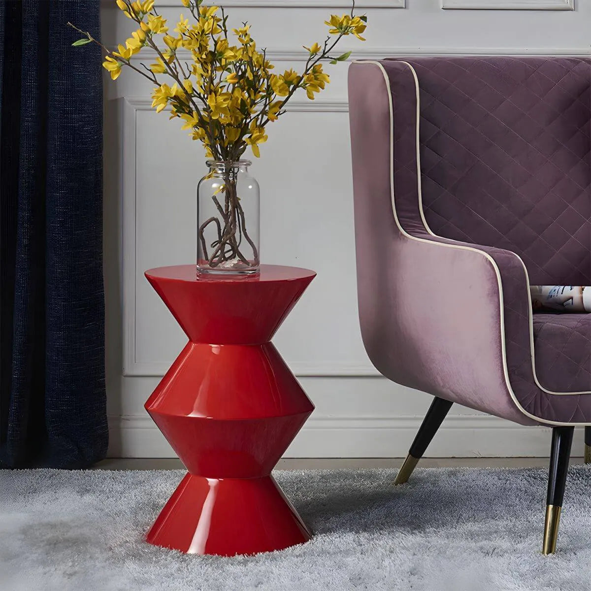 Modern Round Tile Top Pedestal Side Table with Sculptural Stone Base