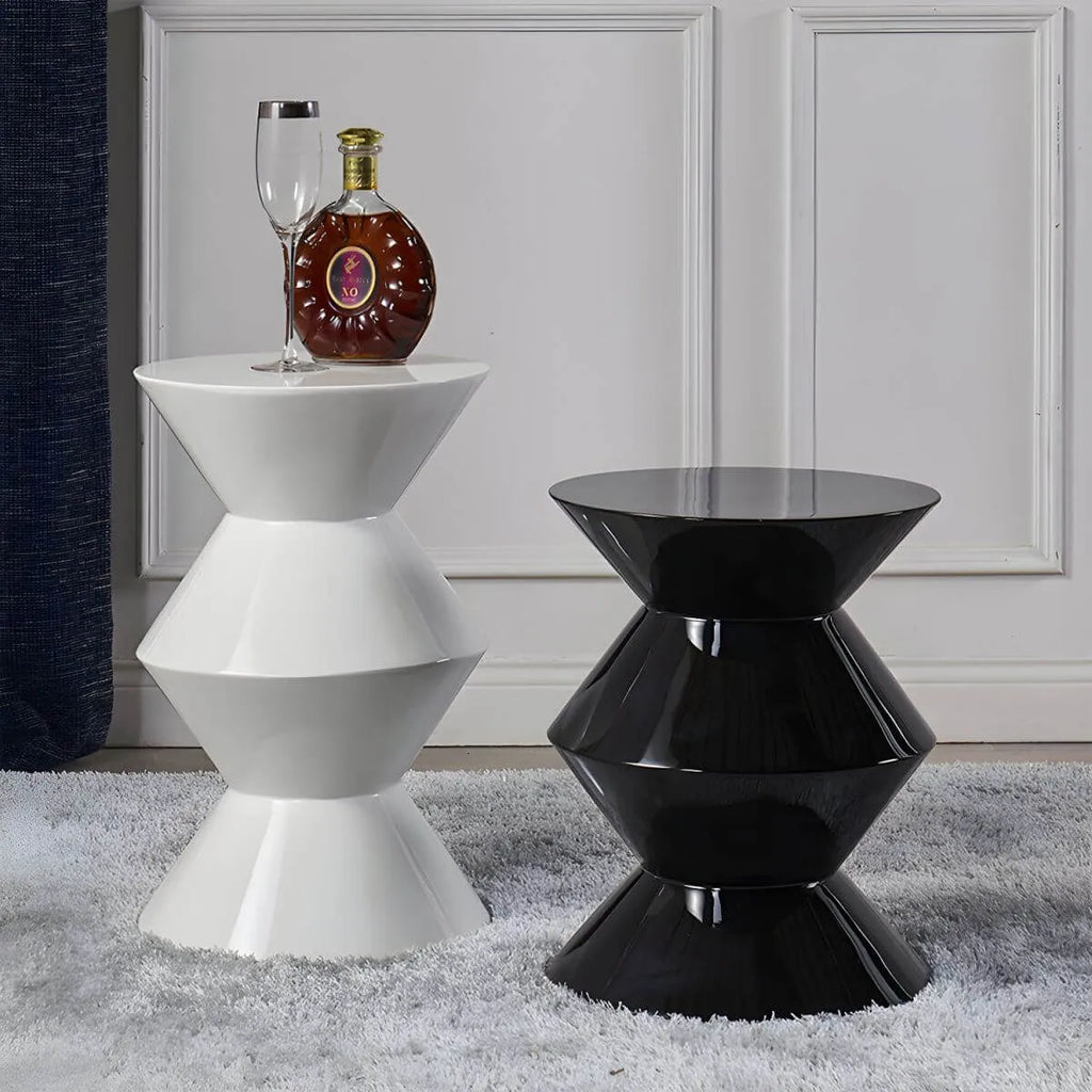 Modern Round Tile Top Pedestal Side Table with Sculptural Stone Base