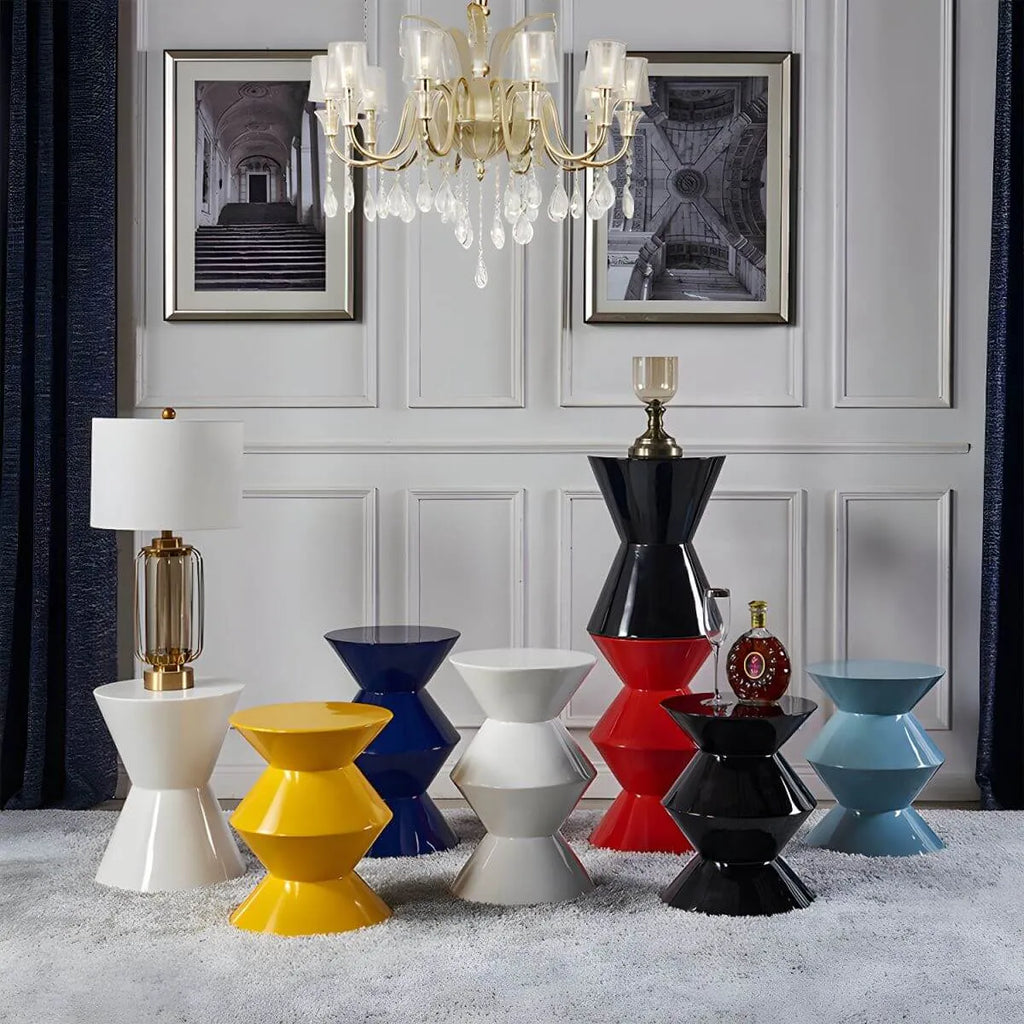 Modern Round Tile Top Pedestal Side Table with Sculptural Stone Base