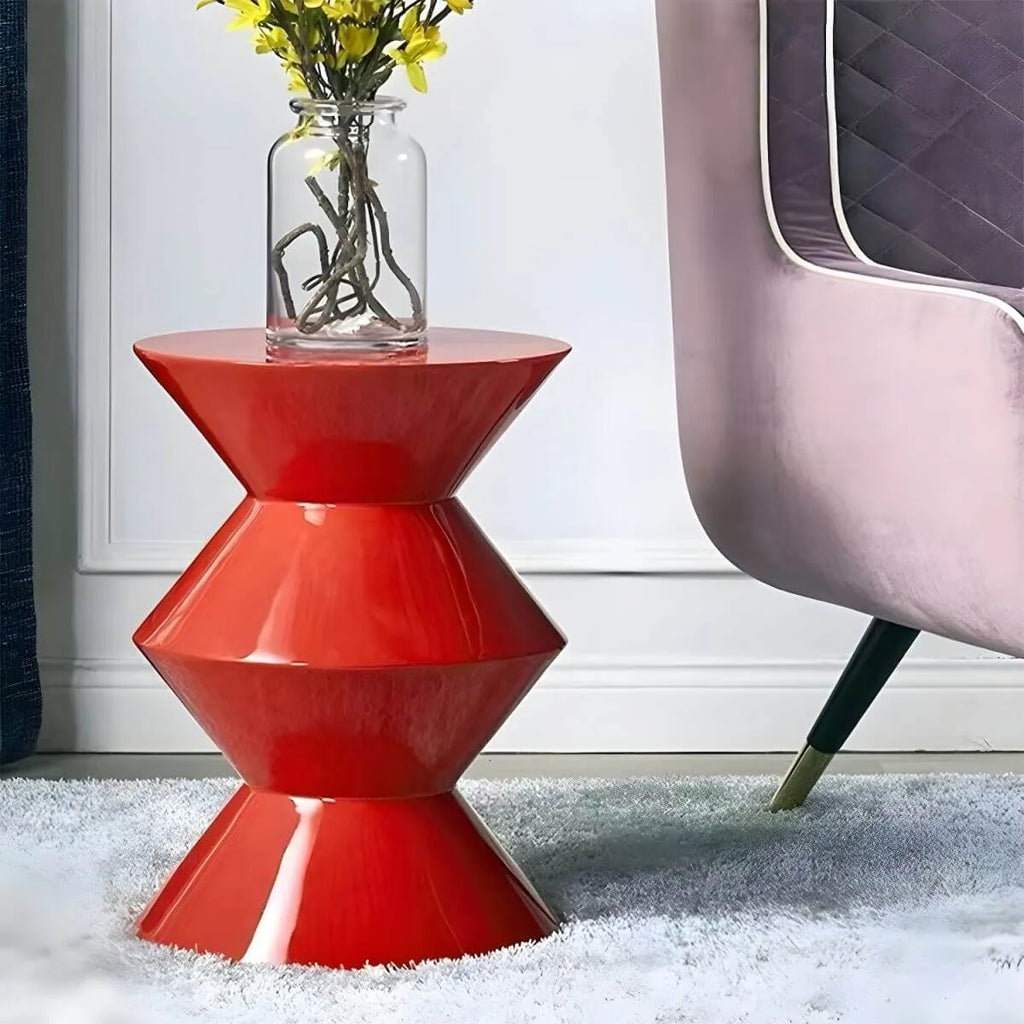 Modern Round Tile Top Pedestal Side Table with Sculptural Stone Base