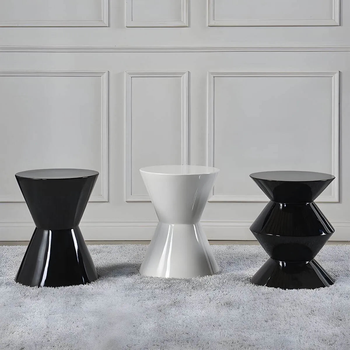 Modern Round Tile Top Pedestal Side Table with Sculptural Stone Base