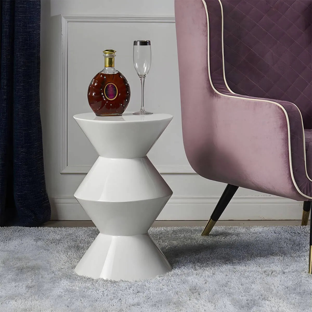 Modern Round Tile Top Pedestal Side Table with Sculptural Stone Base Main Product Image Main image