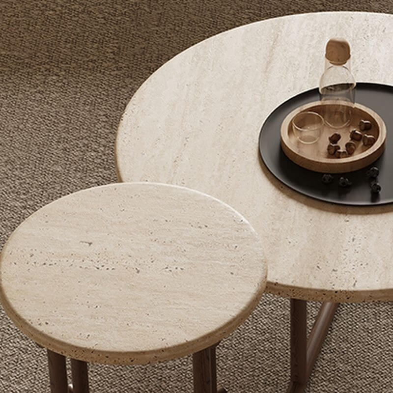 Modern Round Travertine Coffee Table Set with Wooden Legs