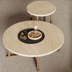 Modern Round Travertine Coffee Table Set with Wooden Legs