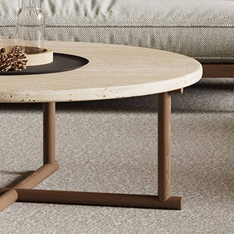 Modern Round Travertine Coffee Table Set with Wooden Legs