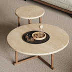 Modern Round Travertine Coffee Table Set with Wooden Legs