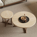 Modern Round Travertine Coffee Table Set with Wooden Legs