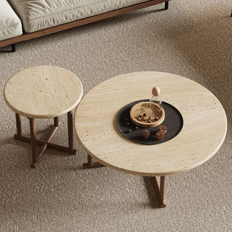 Modern Round Travertine Coffee Table Set with Wooden Legs