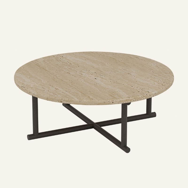 Modern Round Travertine Coffee Table Set with Wooden Legs