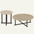 Modern Round Travertine Coffee Table Set with Wooden Legs