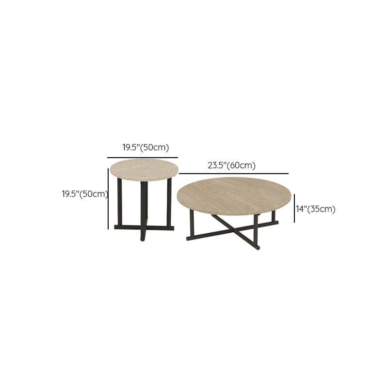Modern Round Travertine Coffee Table Set with Wooden Legs Dimensions