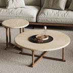 Modern Round Travertine Coffee Table Set with Wooden Legs Main Product Image