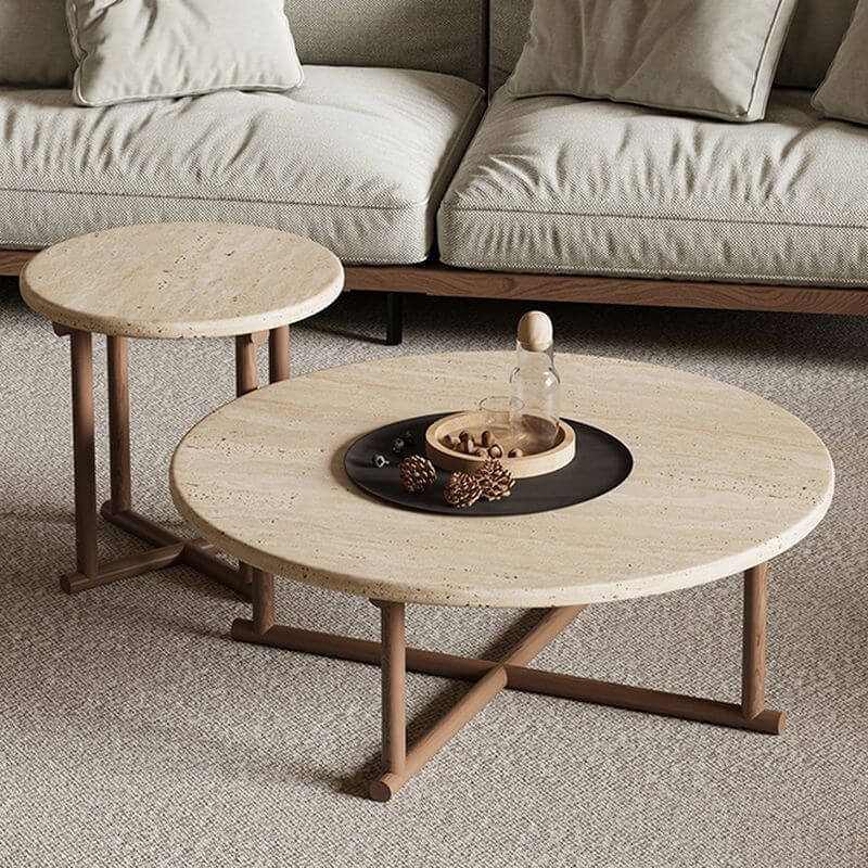 Modern Round Travertine Coffee Table Set with Wooden Legs