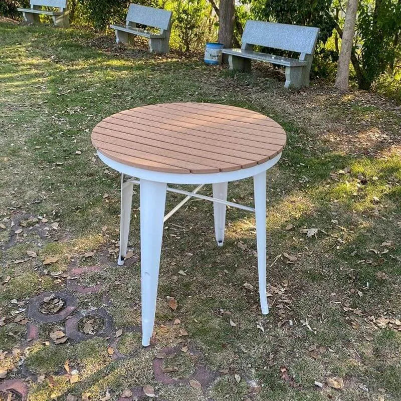 Modern Round Wood & Metal Outdoor Coffee Table – Brown Top with Black or White Frame