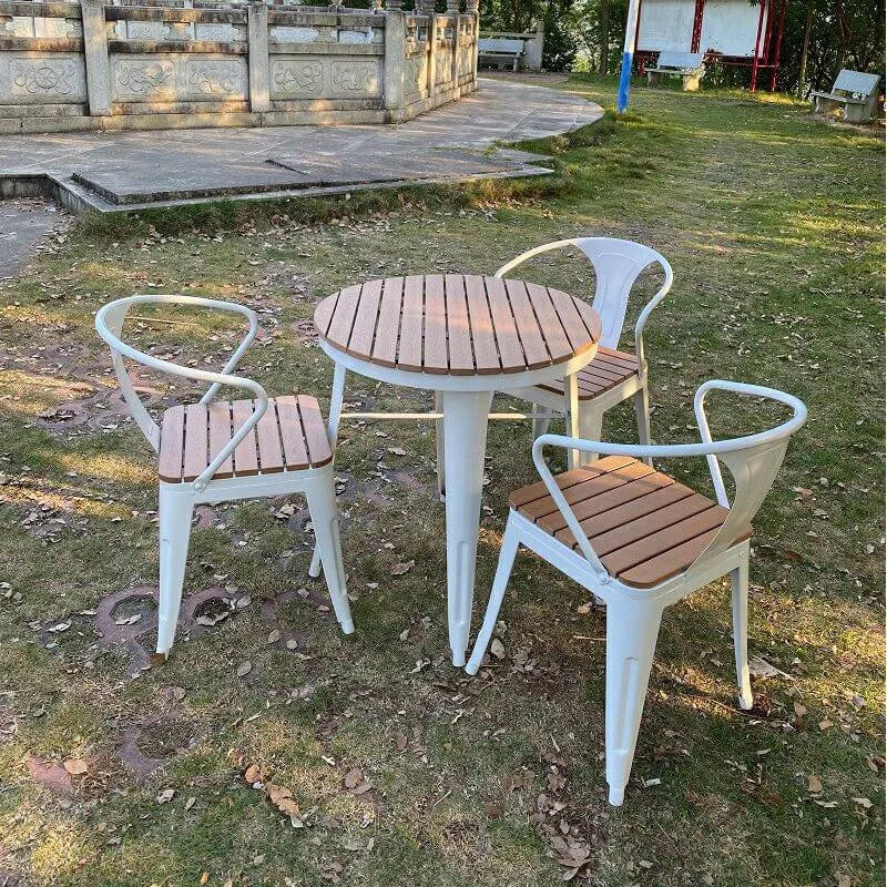 Modern Round Wood & Metal Outdoor Coffee Table – Brown Top with Black or White Frame