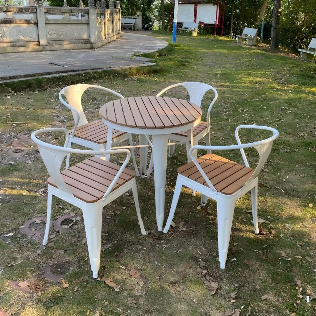 Modern Round Wood & Metal Outdoor Coffee Table – Brown Top with Black or White Frame Main Product Image