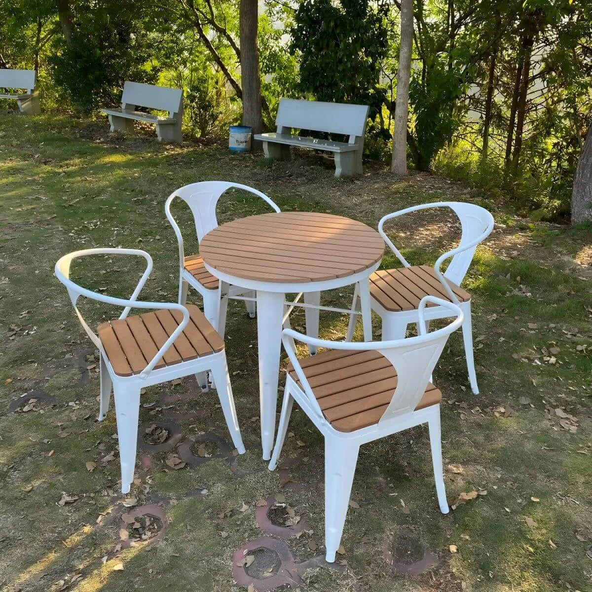 Modern Round Wood & Metal Outdoor Coffee Table – Brown Top with Black or White Frame Secondary image