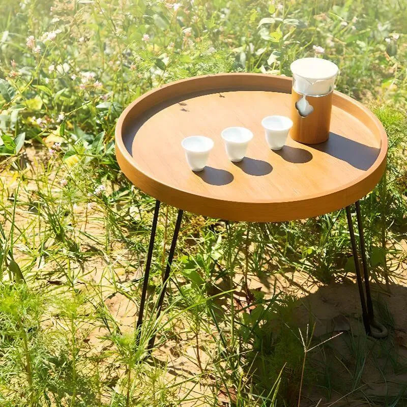 Modern Round Wooden Coffee Table with Foldable Metal Legs