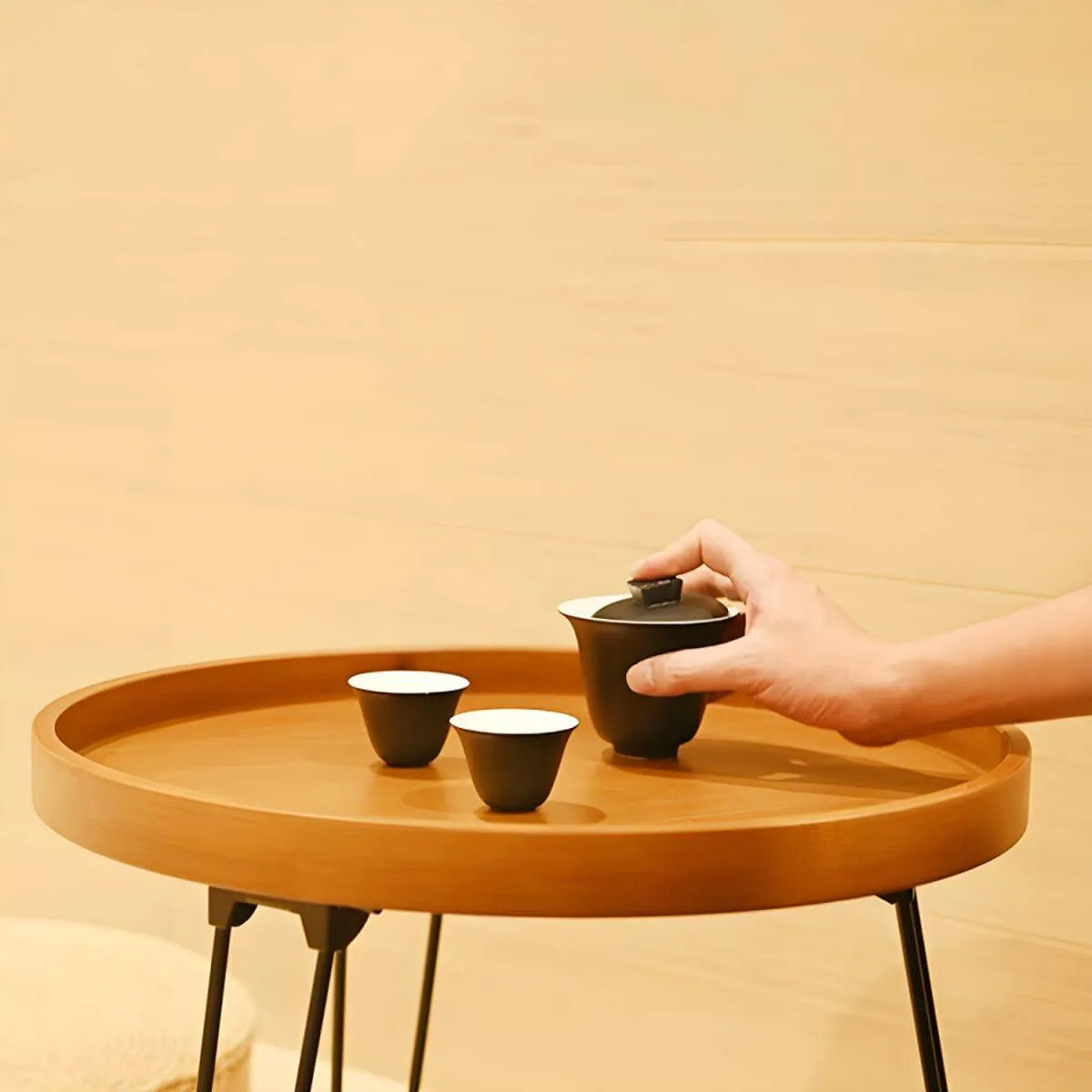 Modern Round Wooden Coffee Table with Foldable Metal Legs