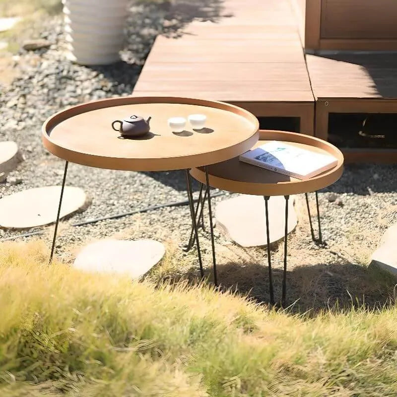 Modern Round Wooden Coffee Table with Foldable Metal Legs