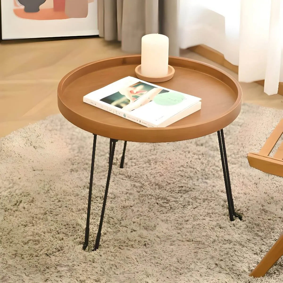 Modern Round Wooden Coffee Table with Foldable Metal Legs Main Product Image Hauptbild