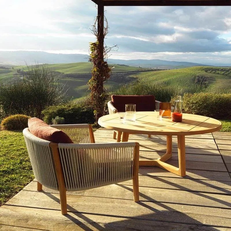 Modern Sepia Teak Wood Outdoor Dining & Coffee Table Collection
