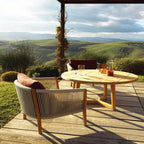 Modern Sepia Teak Wood Outdoor Dining & Coffee Table Collection