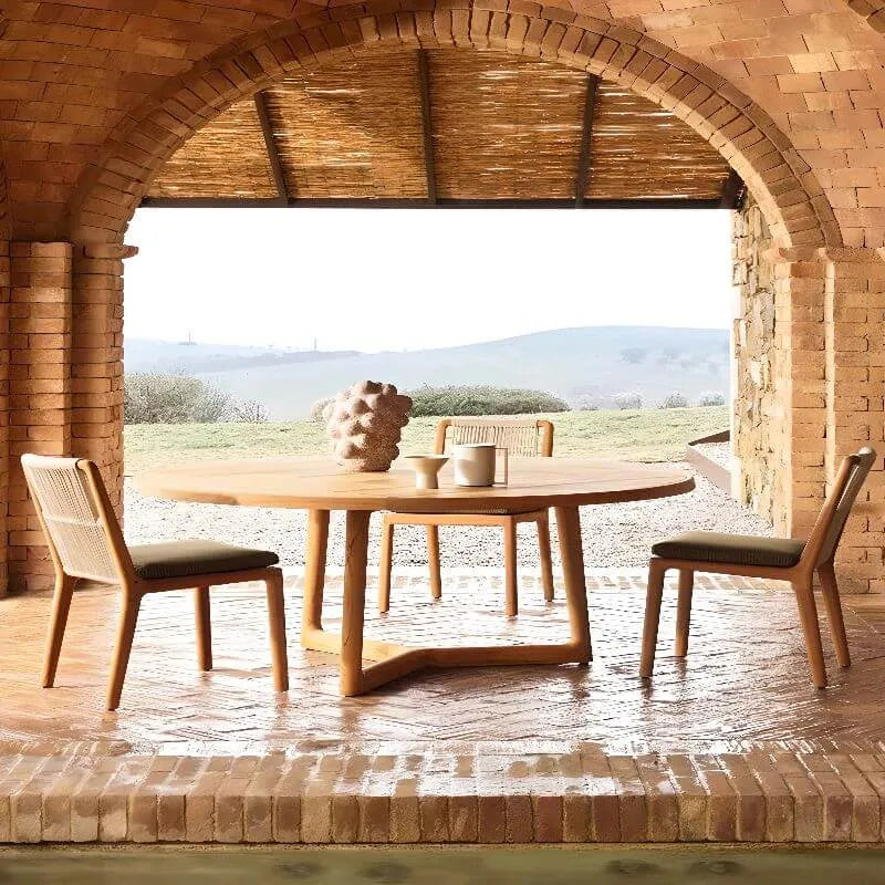 Modern Sepia Teak Wood Outdoor Dining & Coffee Table Collection Main Product Image