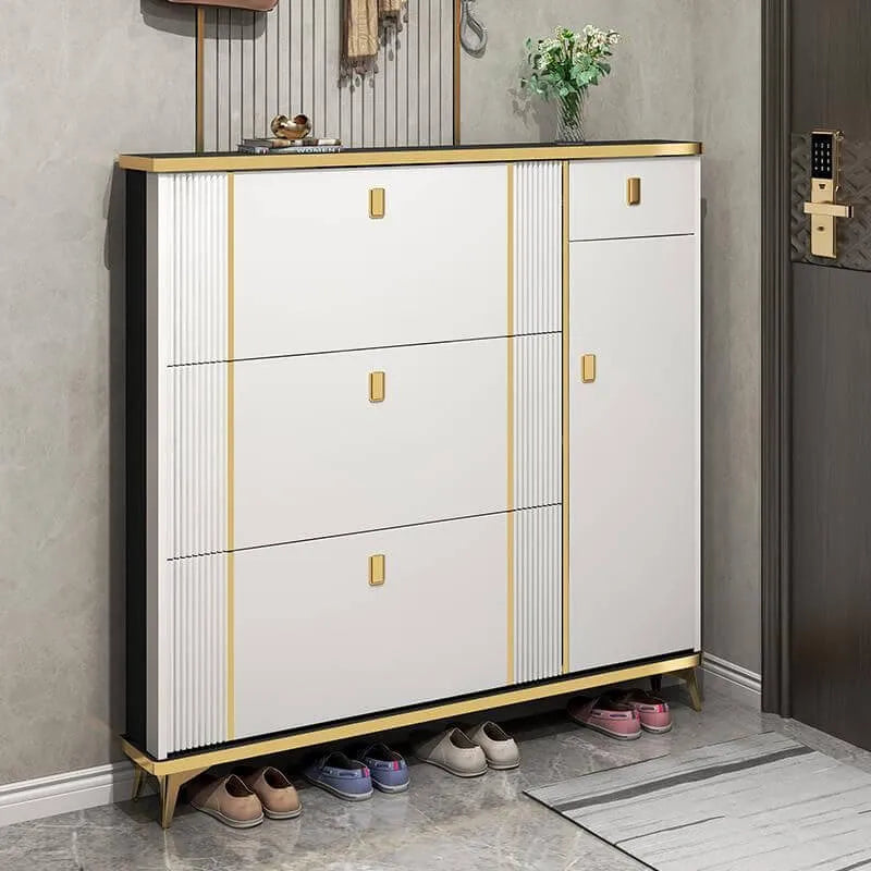 Modern Shoe Storage Cabinet with Adjustable Shelves & Metal Accents