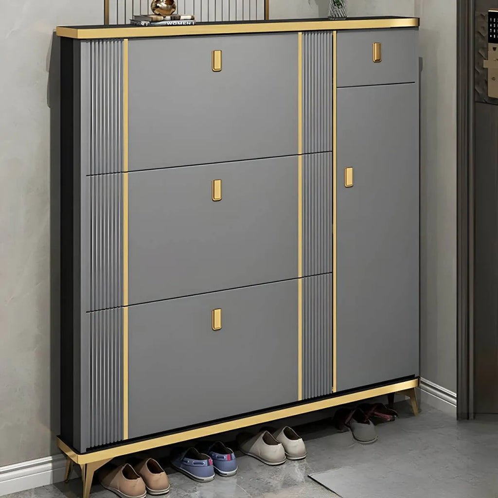 Modern Shoe Storage Cabinet with Adjustable Shelves & Metal Accents