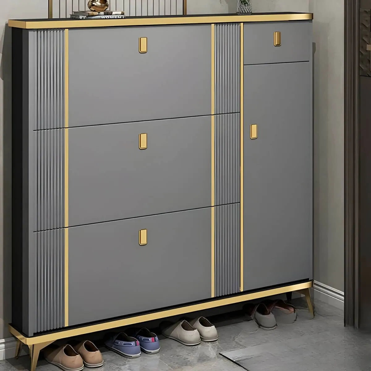 Modern Shoe Storage Cabinet with Adjustable Shelves & Metal Accents