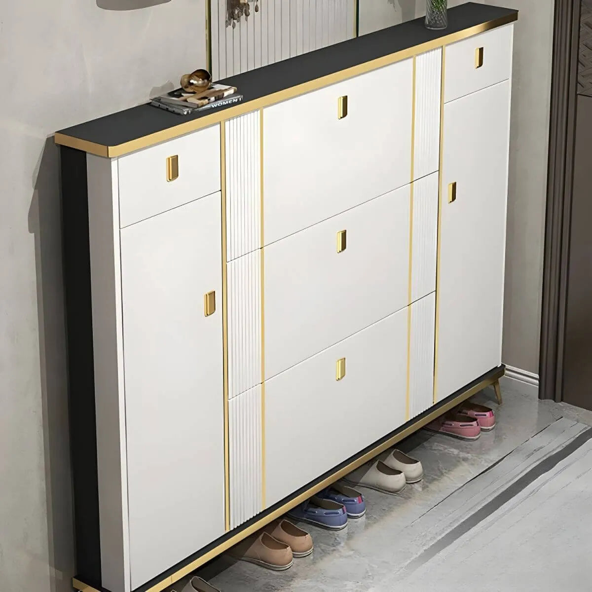 Modern Shoe Storage Cabinet with Adjustable Shelves & Metal Accents