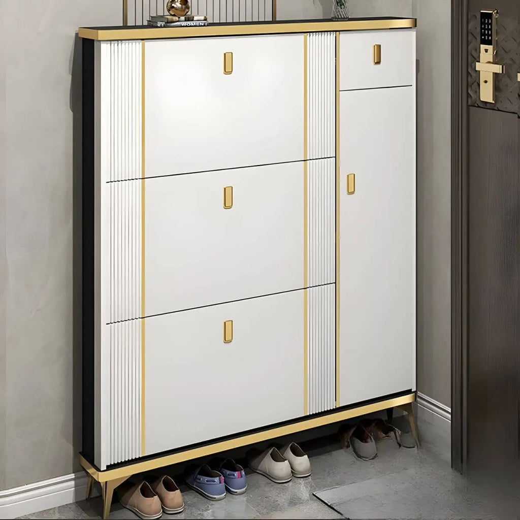 Modern Shoe Storage Cabinet with Adjustable Shelves & Metal Accents