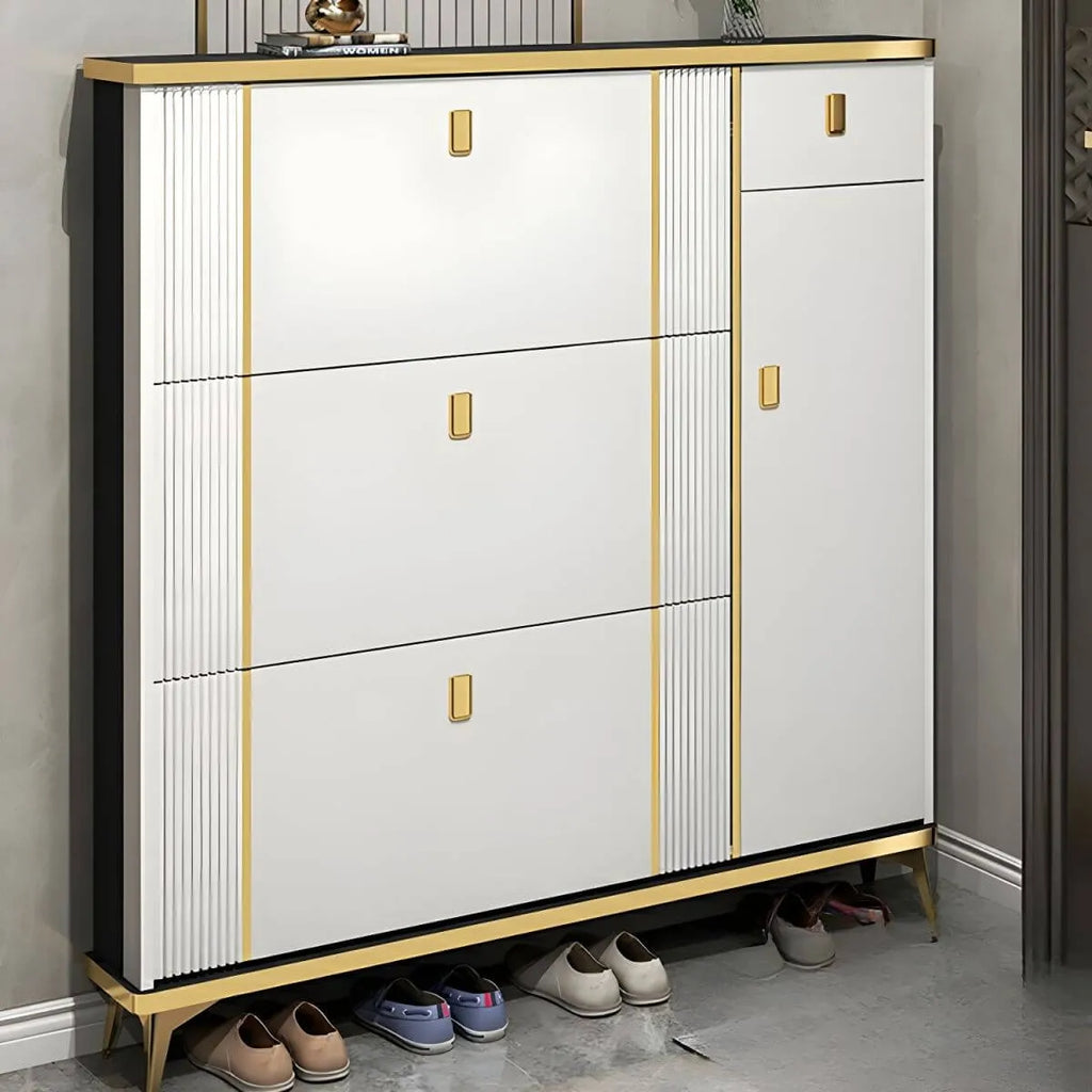 Modern Shoe Storage Cabinet with Adjustable Shelves & Metal Accents