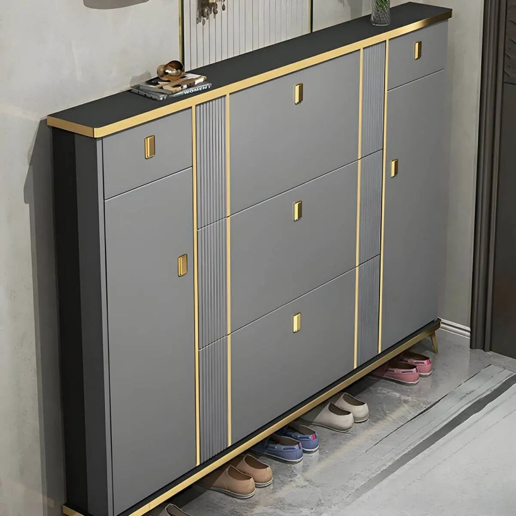 Modern Shoe Storage Cabinet with Adjustable Shelves & Metal Accents