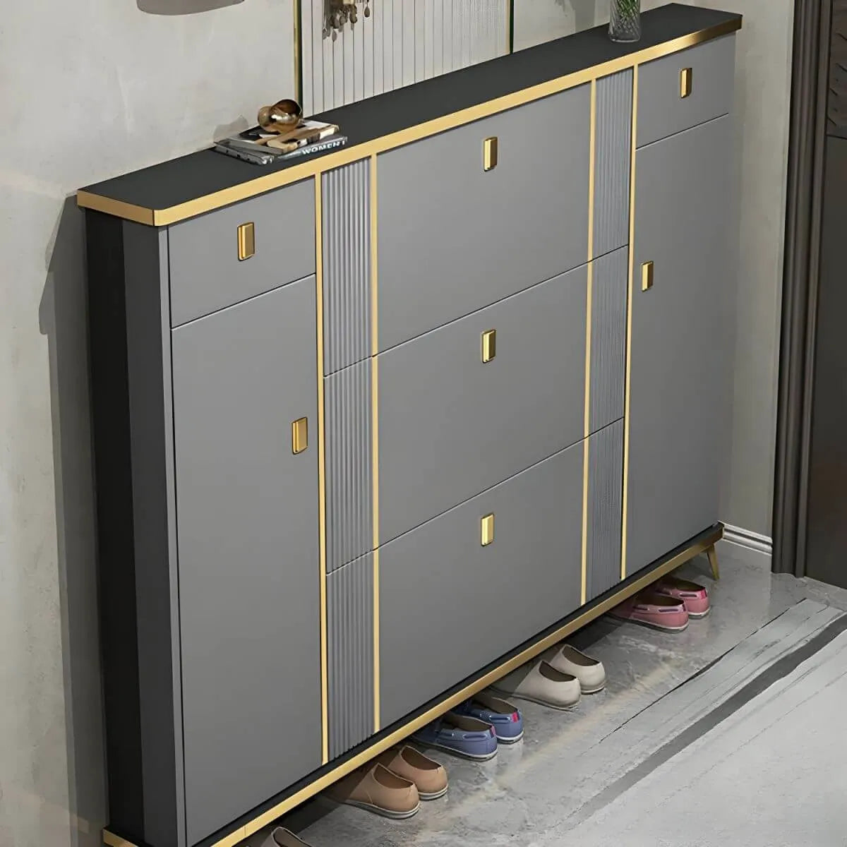 Modern Shoe Storage Cabinet with Adjustable Shelves & Metal Accents
