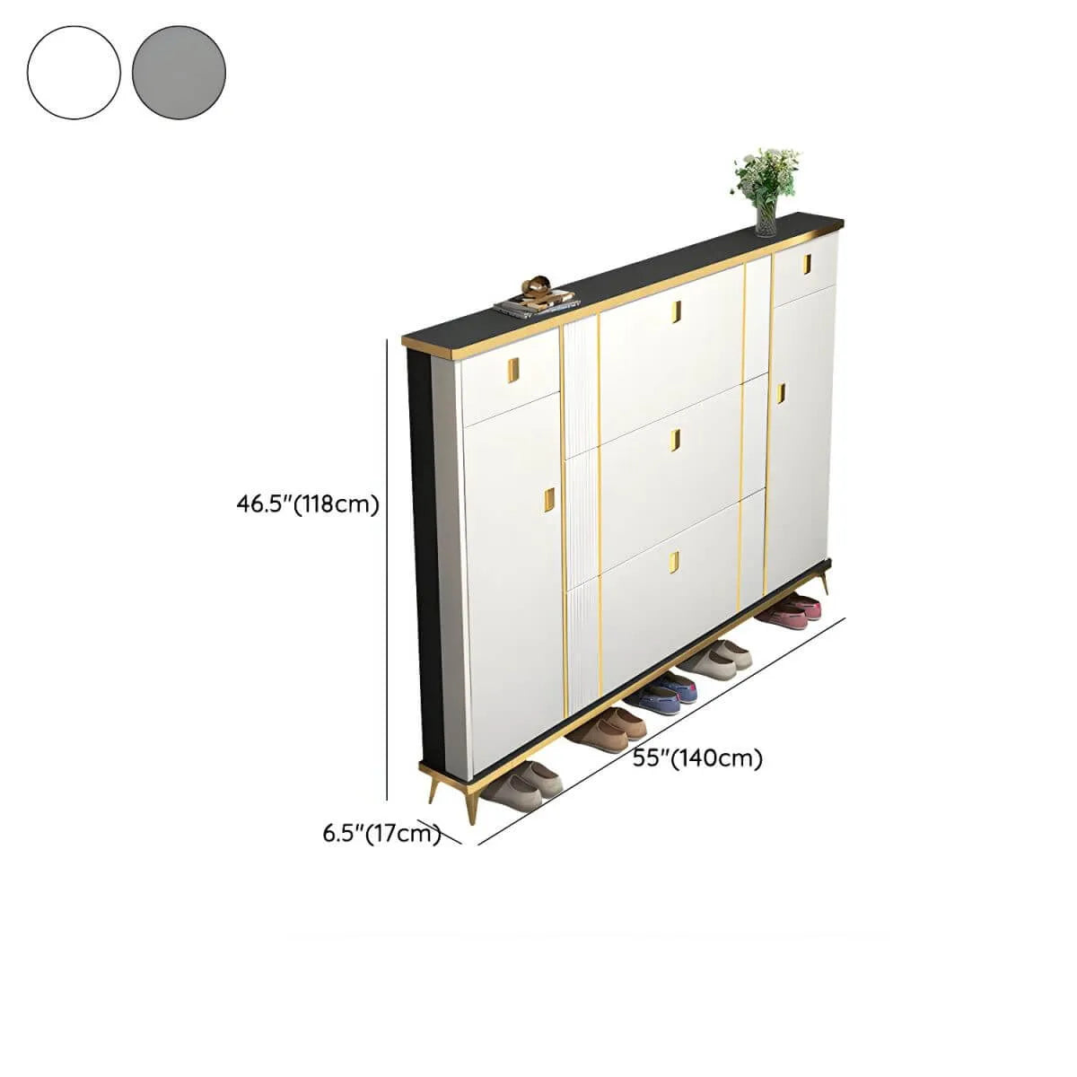 Modern Shoe Storage Cabinet with Adjustable Shelves & Metal Accents Dimensions